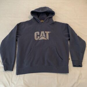 CAT Hoodie Mens Large Blue Pullover Fleece Workwear Logo Hooded Sweatshirt